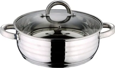 A stainless steel pot with a glass lid and handles, shown from a slightly elevated front-side angle against a white background.