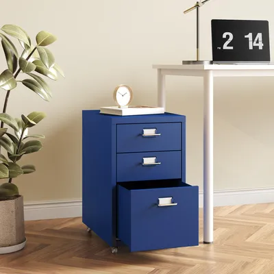 A blue filing cabinet with three drawers is shown next to a potted plant and a desk with a laptop and lamp.