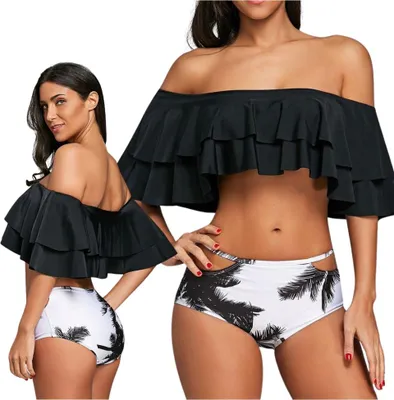 Immagine prodotto di Costume da bagno bikini a due pezzi con scollo spagnolo, balza e vita alta M