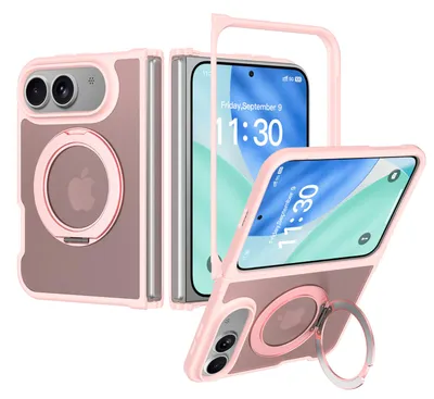 Produktbild von Magnetisch Hülle für iPhone Duo mit Ringhalter Ständer, Transluzente Matt Rückseite Stoßfeste Handyhülle Pink