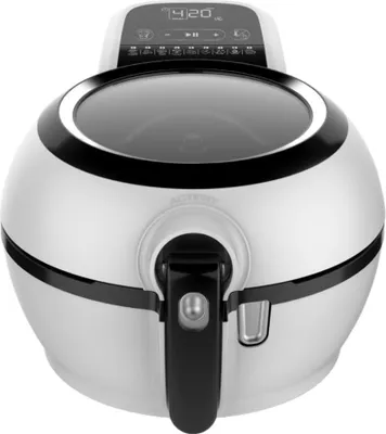 A white and black air fryer with a transparent lid and a digital display on top.