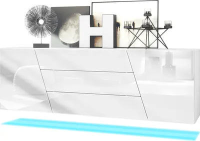 Produktbild von Vladon Sideboard Houston,  Germany, hängende Kommode mit 2 Türen & 3 Schubladen, Korpus Weiß matt, Fronten Weiß Hochglanz, inkl. LED-Beleuchtung (178 x 57,5 x 38,5 cm)