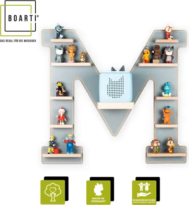 A letter 'M' shaped shelf unit designed to hold a Toniebox and Tonie figures, displayed against a white background.