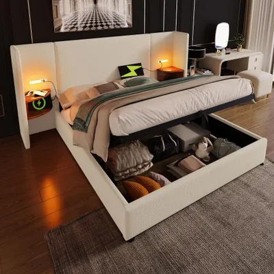 Produktbild von Polsterbett 180x200cm mit Stauraum, Leselampe und USB Type-C Ladefunktion, Leinenbett beige mit Kopfteilregal und Lattenrost