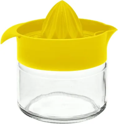 A yellow and clear citrus juicer with a glass container.