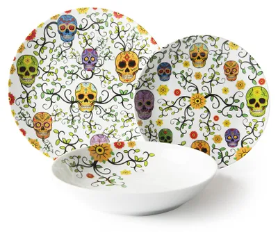 18-teiliges Porzellan-Dinerset mit Totenkopf-Motiven