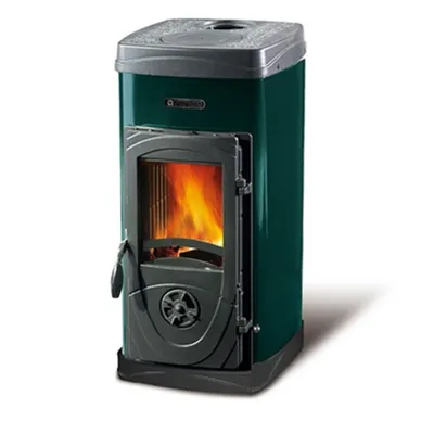 A green and gray wood-burning stove with flames visible inside.