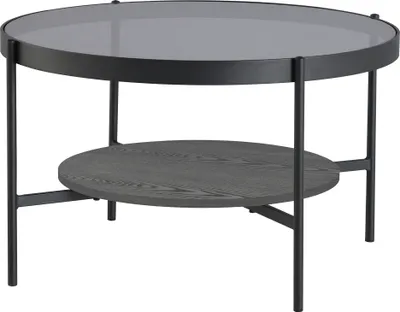 Produktbild von byLIVING Couchtisch OHIO / Tischplatte Rauchglas grau / Ablageboden MDF Echtholzfurnier schwarz / Gestell Metall schwarz / D 73,5, H 42,5 cm