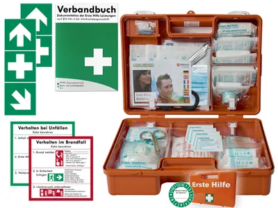 Produktbild von Verbandskoffer/Verbandskasten (M) -Paket 1- Erste Hilfe nach aktueller DIN 13157 für Betriebe -DSGVO- INKL. PERF. VERBANDBUCH + Folienaufkleber
