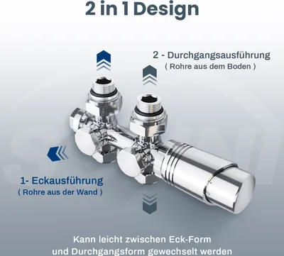 Obrázek produktu pro Sada SONNI Multiblock: Připojovací armatura pro radiátory s termostatem, blokem kohoutů, ventilem a příslušenstvím pro vytápění v chromovém provedení, k dispozici v rohovém a rovném provedení