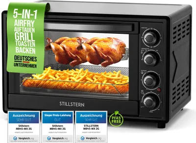 Produktbild von Stillstern Minibackofen mit Umluft (45L) NEU: CYCLONE PRO+ (Antihaftbeschichtung), DE Version, Airfryer-Einsatz, Rezeptheft, Drehspieß, 2000W Toaster Grill Pizzaofen Mini Backofen Ideal für Camping