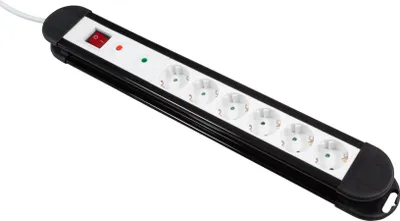 A power strip with multiple outlets and an on/off switch.