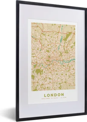Produktbild von MuchoWow® Gerahmtes Poster London - Stadtplan - Vintage - Karte 40x60 cm - Poster mit Schwarzem Bilderrahmen Wandposter Rahmen Foto Bilder - Poster in Rahmen