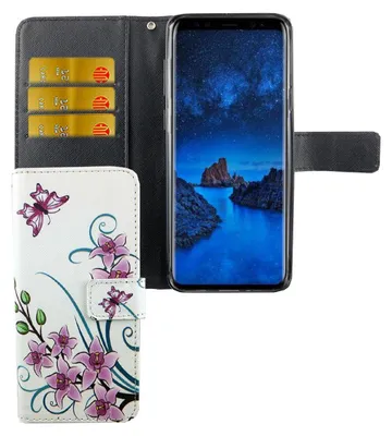 A flip-style phone case with a floral design and a phone inserted.