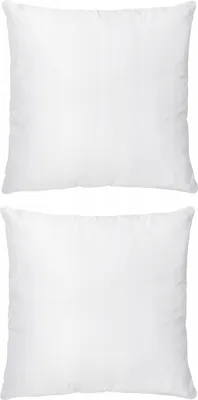 Two white pillows are stacked vertically against a white background.