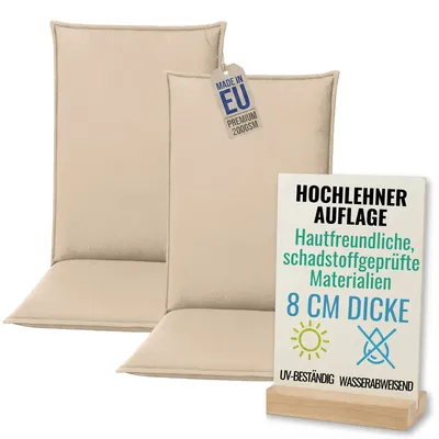 Produktbild von Pillows24 - 2x Hochlehner Auflagen 120x50x8 cm | Bequeme & Wetterfeste Gartenstuhlauflagen | Sitzkissen für  Gartenmöbel |   EU | Cappuccino