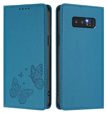 Produktbild von Lederhülle für Samsung Galaxy Note 8, Schmetterling Prägung Leder Brieftasche Schutzhülle mit Ständer Blau