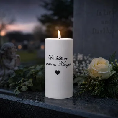 Produktbild von LED Grabkerze MIA - mit Schrift - Grablicht - 3D Flamme - H: 15cm - D: 7,5cm - weiß - für Außen
