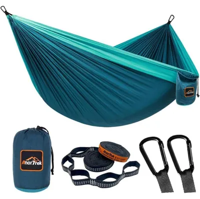 Productafbeelding van Hangmat van parachute-nylon, 300 x 200 cm, blauw/donkerblauw, met boomriemen en karabiners