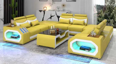 Produktbild von Design Wohnlandschaft Großes Sofa XXL U Form Ecksofa Ledersofa Gelb LED