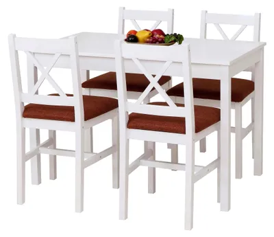 Produktbild von Esszimmer-Set HWC-F77, Sitzgruppe aus massivem Kiefernholz mit Stoffbezug im Landhausstil, 110 cm - weiß, Polster terrakotta