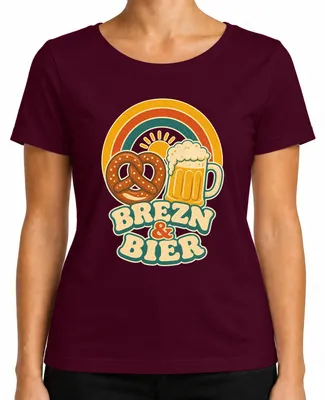 Obrázek produktu pro Brezn & Bier, tričko s motivem Oktoberfestu, bavorské motivy, tradiční oděv, dámské tričko, barva: vínová, velikost: S