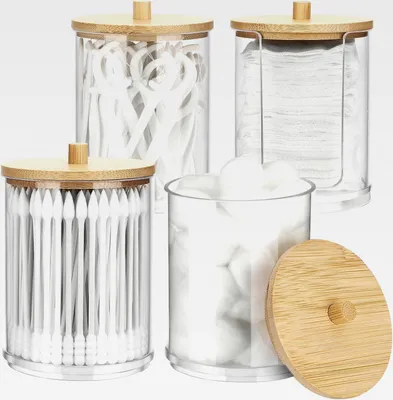 Produktbild von 4 Stück Wattestäbchen Behälter, Acryl Wattepads Aufbewahrung, Wattestäbchen Halter, Wattebällchen Behälter Box, Wattepadspender für Schminktisch Badezimmer (B)