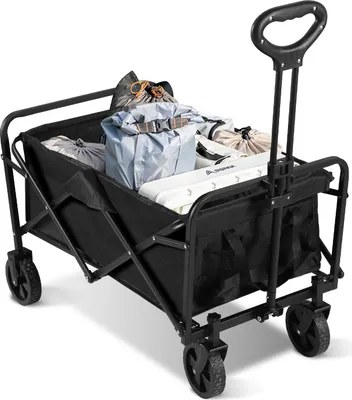 Produktbild von Ikodm Bollerwagen Faltbar, Für Camping Einkaufen, Belastbar Bis 80kg, Handwagen, Faltwagen 360 ° Drehbar 2 Netztaschen klappbarer bollerwagen