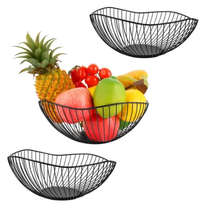 Obstschale 3er-Set, Metall, schwarz, 25,5x8 cm, Wellendesign