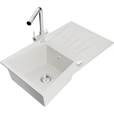 Obrázek produktu pro Mexen Cesar 1-miskový granitový dřez s odkapávačem a kuchyňskou baterií Duero, Bílá - 6514-20-671600-00