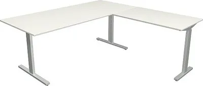 Imagen del producto de Escritorio Kerkmann, modelo 2, 180x80x70-82 cm, con mesa auxiliar de 100x60 cm, patas en forma de "T", color aluminio plateado y blanco