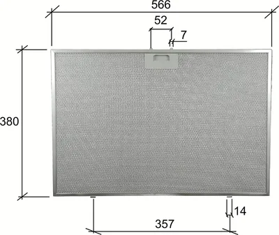 A technical drawing with dimensions of a metal filter.