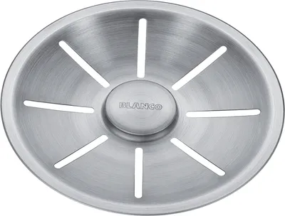 A close-up, top-down view of a stainless steel sink strainer with the brand name 'BLANCO' visible in the center.