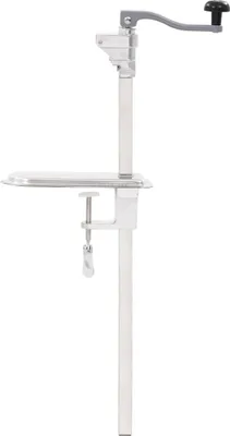 A commercial can opener mounted on a clamp.