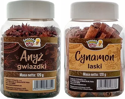 Two clear plastic jars filled with spices, labeled in Polish.