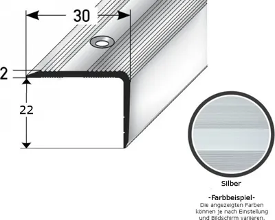 Produktbild von Treppenkante / Treppenprofil "Genua", Winkelprofil mit 30 mm Breite und konfigurierbarer Höhe (22 mm bis 52 mm), Aluminium eloxiert, gebohrt-silber-1000-22 mm