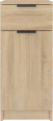 A front view of a wooden filing cabinet with two drawers.