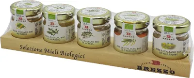 Obrázok produktu pre Darčeková sada bielych medov | Gaštanový med - Akáciový med - Pomarančový med - Med z divých kvetov - Lipový med | Malé sklenené dózičky na drevenom podnose | 5 x 35 g
