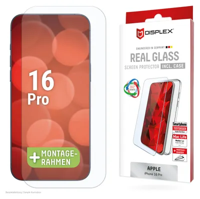 Produktbild von Displex Panzerglas + Schutzhülle für Apple iPhone 16 Pro, Eco-Montagerahmen, kratzer-resistent, Apple, iPhone 16 Pro, Trockene Anwendung, Schmutzabweisend, Schlagfest, Kratzresistent, Transparent, 1 Stück(e)