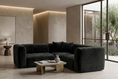 Image de Canapé d'angle modulaire Kaiser Möbel, modèle Corner Mini, revêtement en velours Bluvel, couleur noir, série GRETA