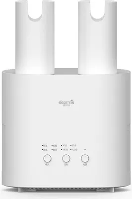 A white electric shoe dryer with two cylindrical tubes for drying shoes.