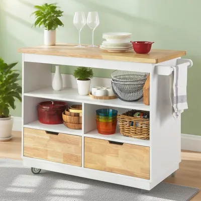 Obrázok produktu pre Vozyk do kuchyne – Kuchynský vozík – Servírovací vozík – Úložný vozík – Vozík na kolieskach – Materiál: MDF drevo – Veľká pracovná doska: 110 x 55 cm