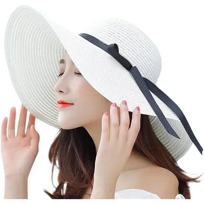 Productafbeelding van Zonnehoed voor dames, met brede rand, strik, one size, stijl C, melkwit