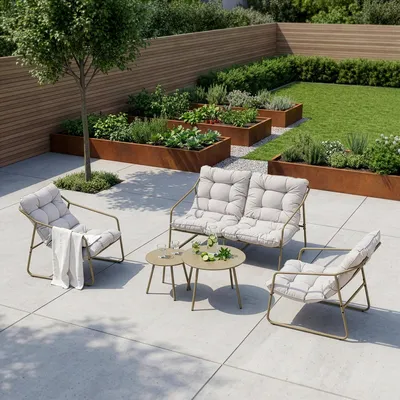 Produktbild von Gartenmöbelset 'Kivanta' 5-tlg. Sitzbank Stühle mit Kissen Tische Stahl Beige
