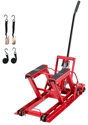 Produktbild von SucceBuy Hydraulische Motorradhebebühne bis 680 kg, höhenverstellbar von 115–385 mm, mit Plattform, 4 Rädern und Fußpedal – Geeignet für ATVs, Dirtbikes und Straßenmotorräder, Rot