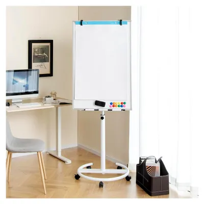 Produktbild von Mobiles Flipchart mit Ständer 100 x 65 cm, höhenverstellbare Magnettafel auf Rollen, inkl. Zubehör (Weiß)