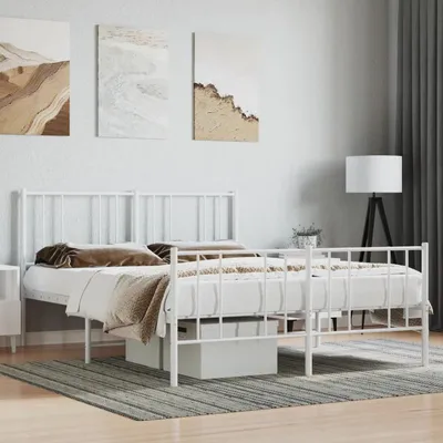 Image de Lit double en métal - 140x200 cm - Blanc - Avec tête de lit et tiroirs de rangement