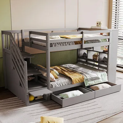 Produktbild von Abrihome Etagenbett 90x200cm Kinderbett mit Treppe und Lattenrost, 2 Schubladen und großen Schließfächern, Kiefernbett Jugendbett, Grau