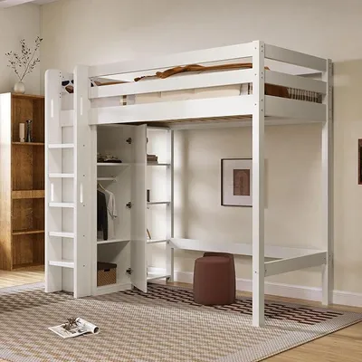 Image de Lit bébé superposé 90x200 cm avec armoire, lit simple en hauteur avec espace de rangement, étagères et échelle, lit avec barrière de sécurité et sommier à lattes en bois, blanc, sans matelas