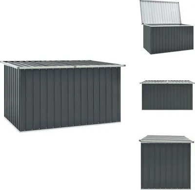 A collage of images showing a dark gray garden storage box from different angles, with one image showing the lid open.